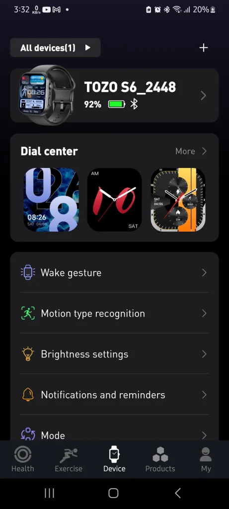 TOZO Health Device control page 1
