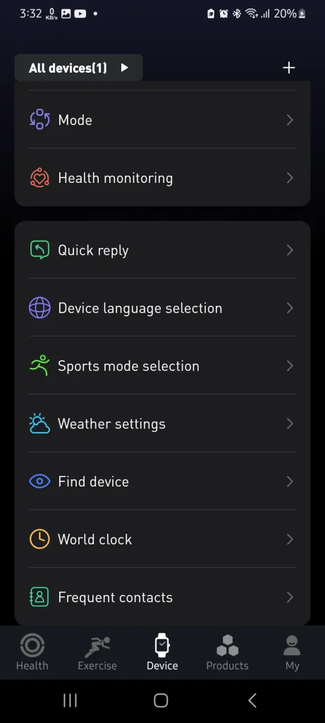 TOZO Health Device control page 2