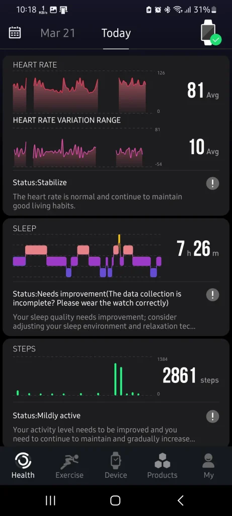TOZO Health health report - heart rate -heart rate variation sleep monitoring